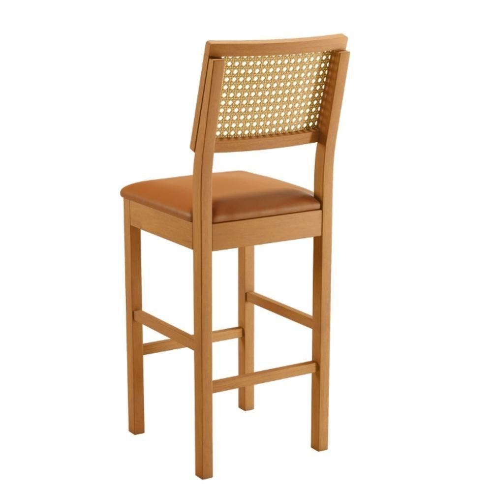 Banqueta Jade 03 Madeira Maciça Jcm Encosto Rattan E Couro Caramelo - 2