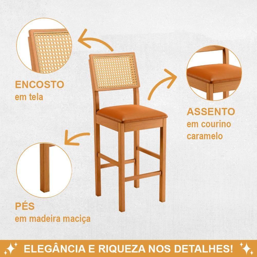 Banqueta Jade 03 Madeira Maciça Jcm Encosto Rattan E Couro Caramelo - 4
