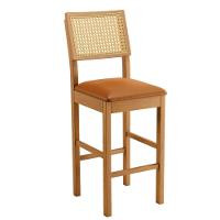 Banqueta Jade 03 Madeira Maciça Jcm Encosto Rattan E Couro Caramelo - 1