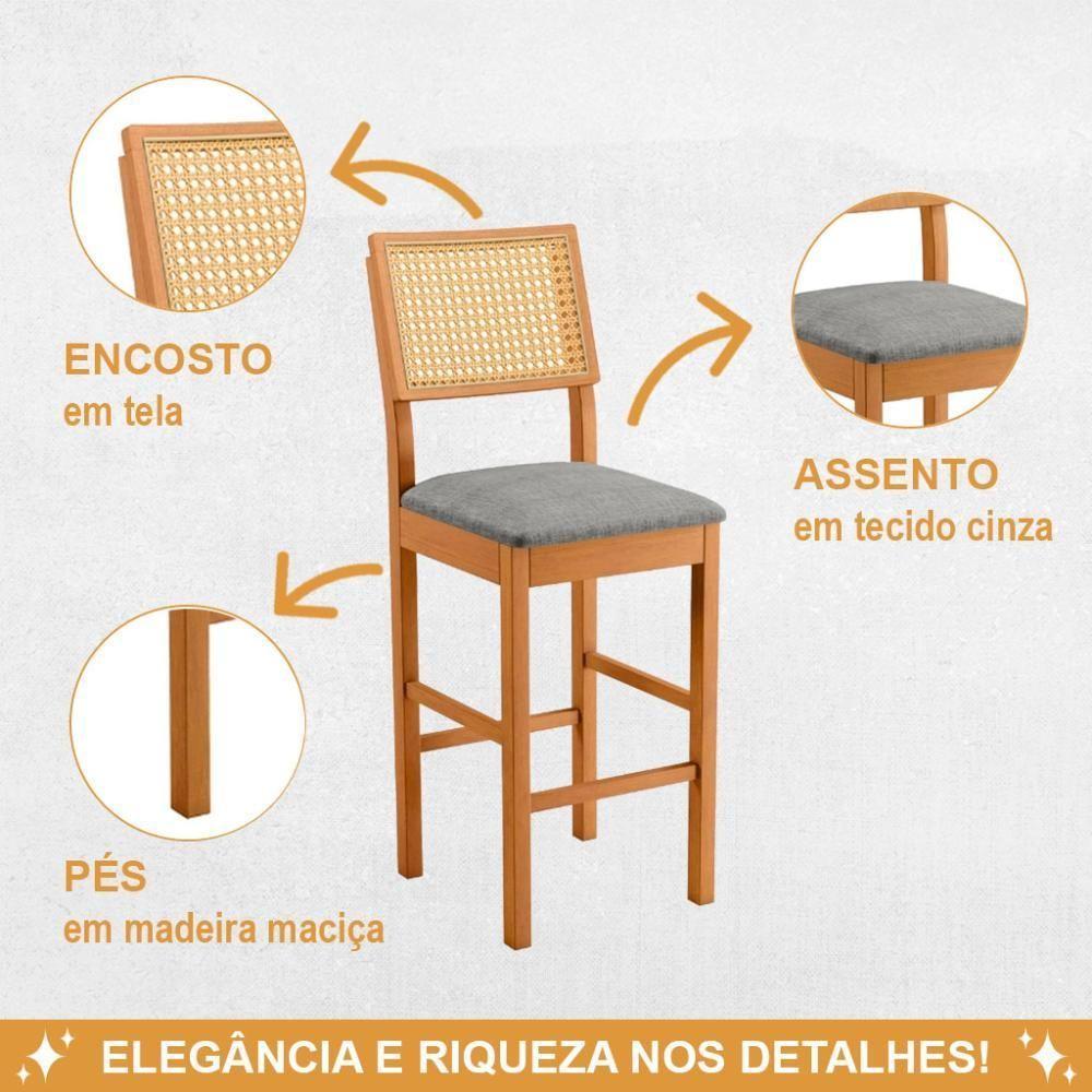 Banqueta Jade 03 Madeira Maciça Jcm Encosto Rattan E Linho Cinza - 4