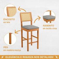 Banqueta Jade 03 Madeira Maciça Jcm Encosto Rattan E Linho Cinza