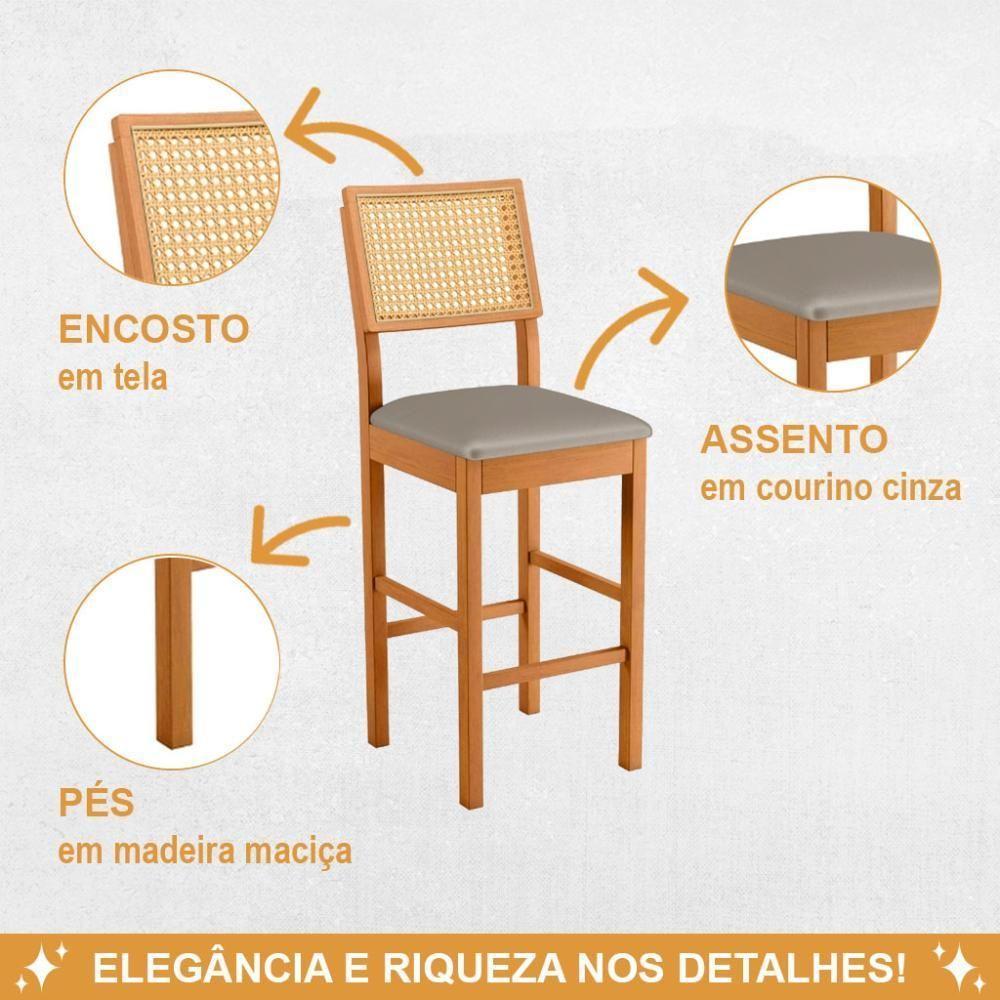 Banqueta Jade 03 Madeira Maciça Jcm Encosto Rattan E Veludo Cinza - 4