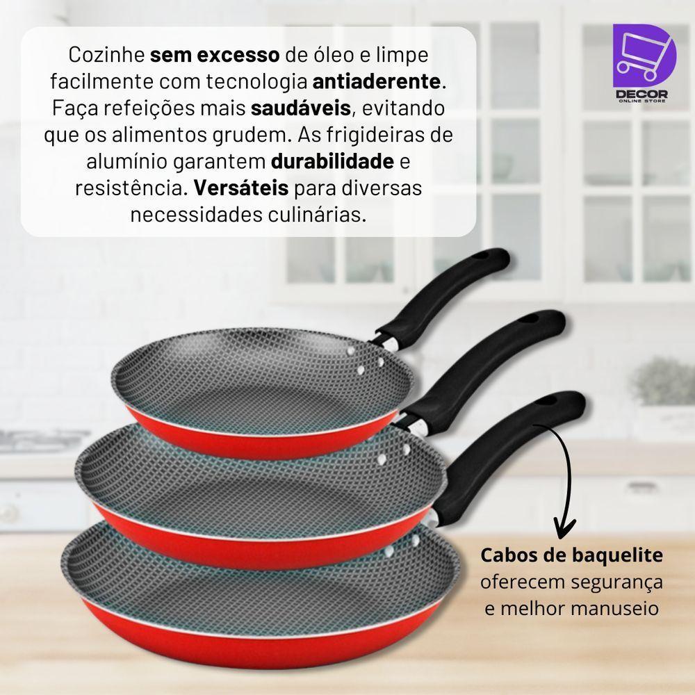 Kit 3 Frigideiras Antiaderente Vermelho Cereja Duráveis, Eficientes E Práticas Para Sua Cozinha! - 3