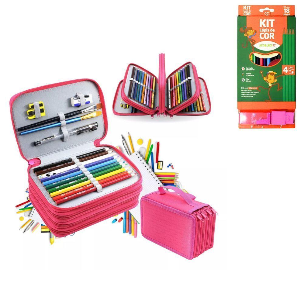 Kit Estojo Escolar Com 4 Compartimentos Mais Kit Lápis De Cor Estojo Com 18 Peças Pink - 1