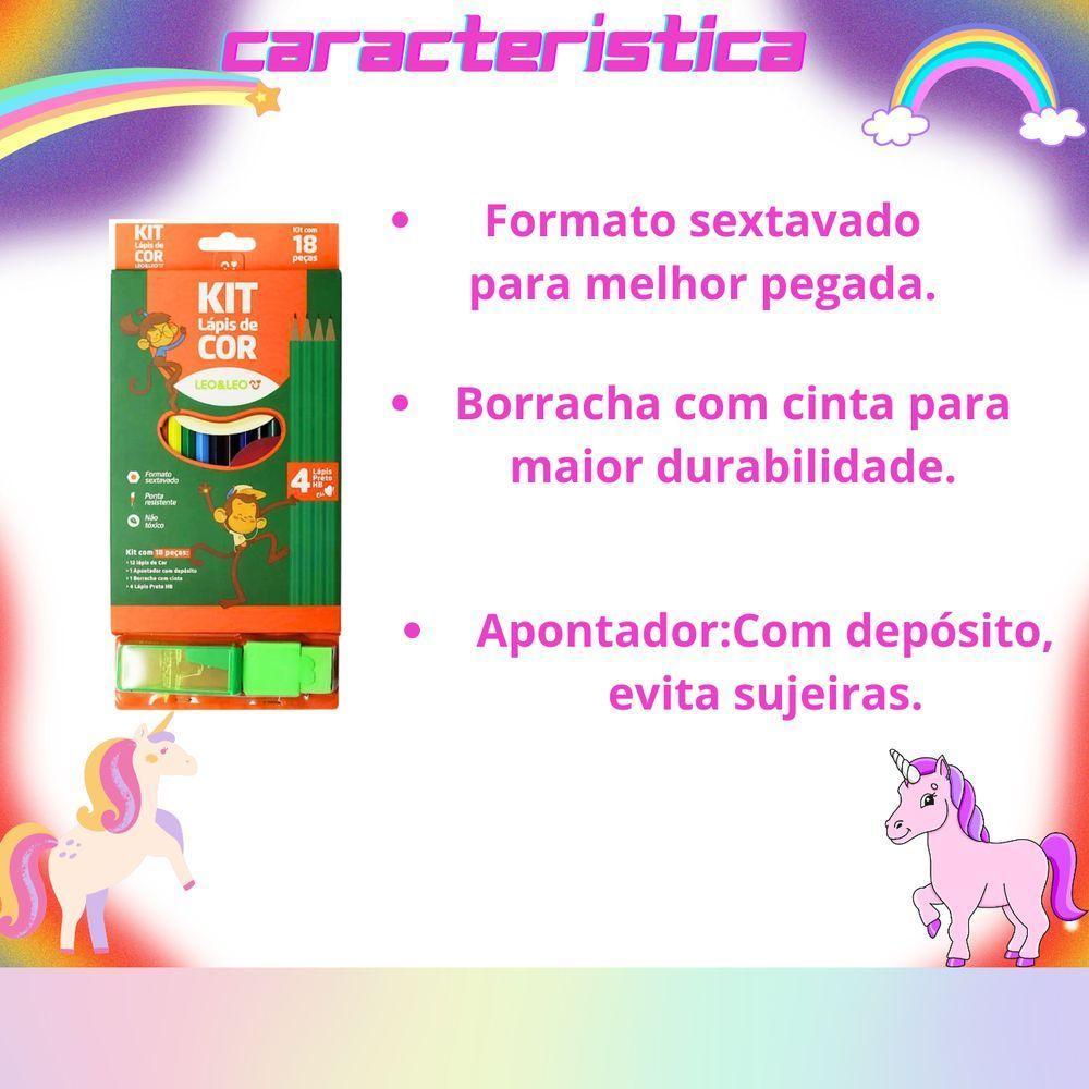 Kit Estojo Escolar Com 4 Compartimentos Mais Kit Lápis De Cor Estojo Com 18 Peças Pink - 6
