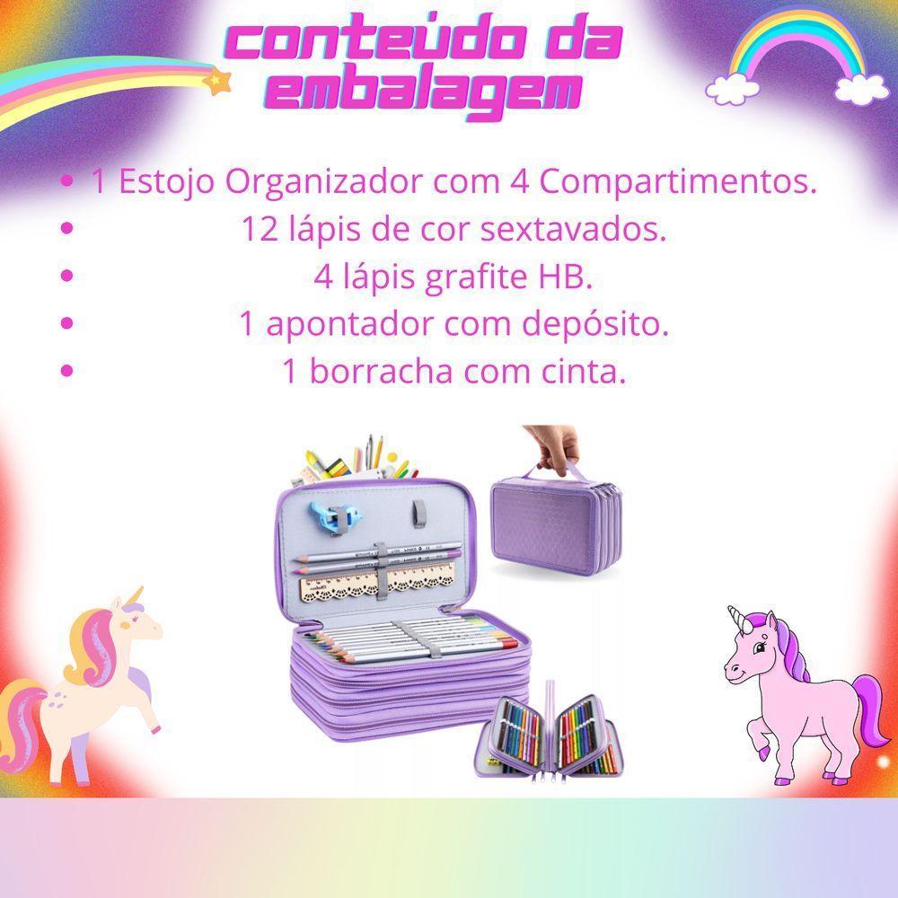 Kit Estojo Escolar Com 4 Compartimentos Mais Kit Lápis De Cor Estojo Com 18 Peças Pink - 8