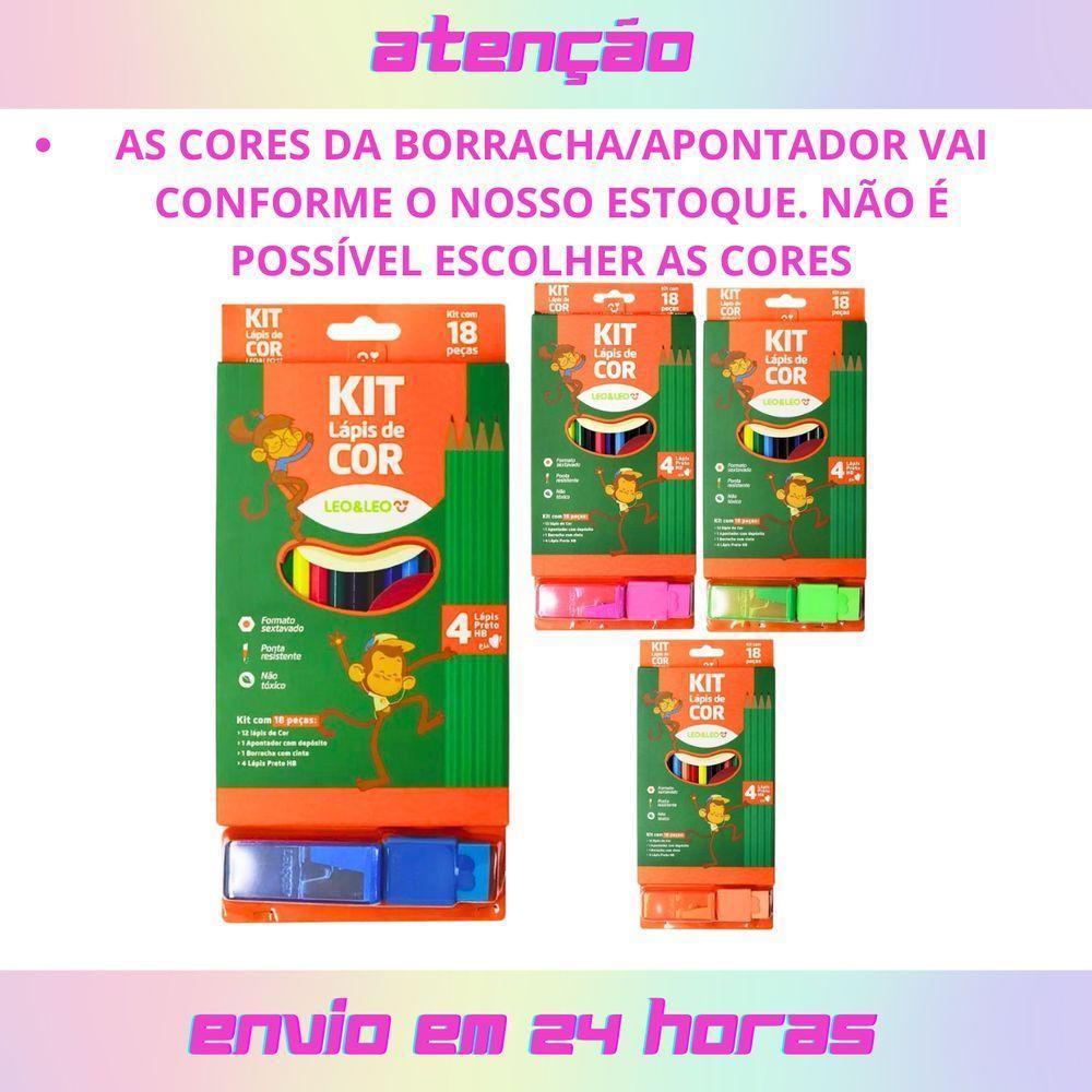 Kit Estojo Escolar Com 4 Compartimentos Mais Kit Lápis De Cor Estojo Com 18 Peças Pink - 9