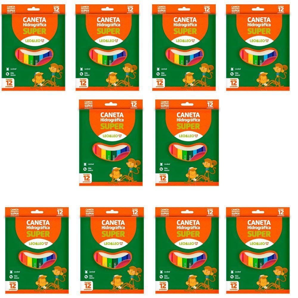 Kit 10 Canetas Hidrográfica Escolar Super Leonora Com 12 Cores Volta As Aulas - 1