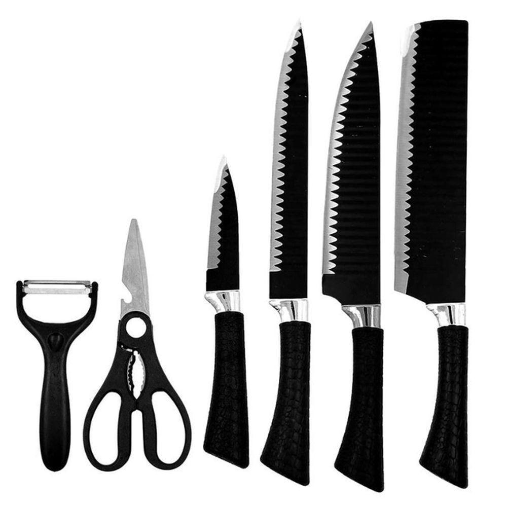 Conjunto De Facas De Cozinha Churrasco Cutelo Com Lâmina Aço Inox 6 Peças Preto - 1