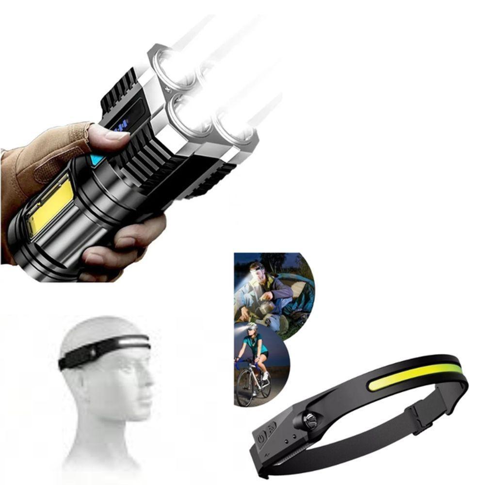 Kit Lanterna Tática Potente Alto Brilho + Lanterna Led De Cabeça Profissional Recarregável Preto - 2