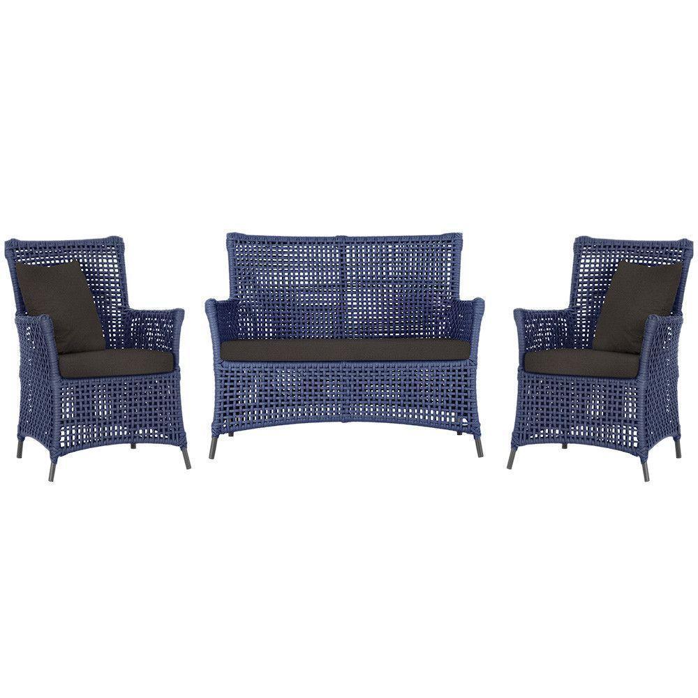 Jogo Sofá E 2 Poltronas Igapó Alumínio Preta E9 Trama Azul - 1