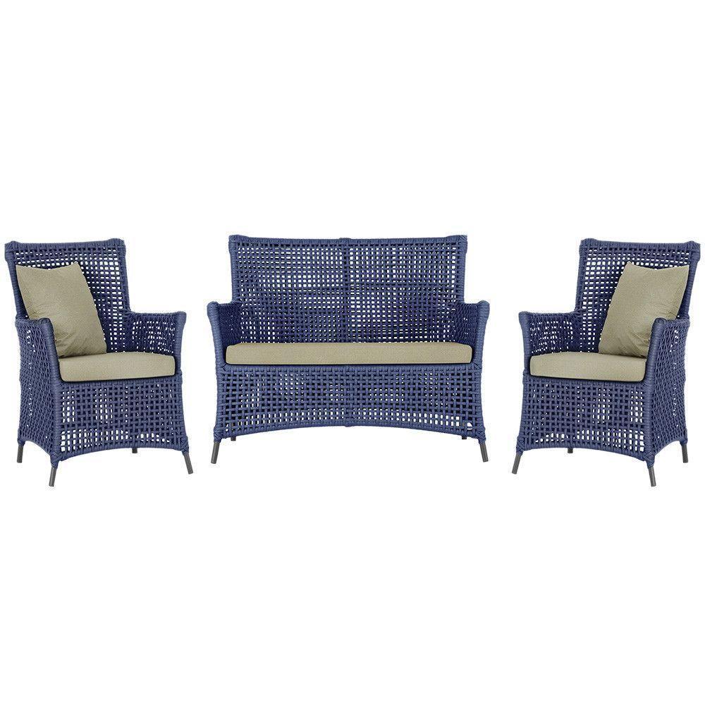 Jogo Sofá E 2 Poltronas Igapó Alumínio Preta E7 Trama Azul - 1