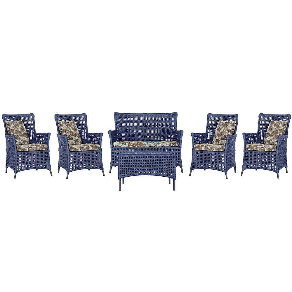 Jogo Sofá 4 Poltronas E Mesa Igapó Preta E6 Trama Original Azul - 1