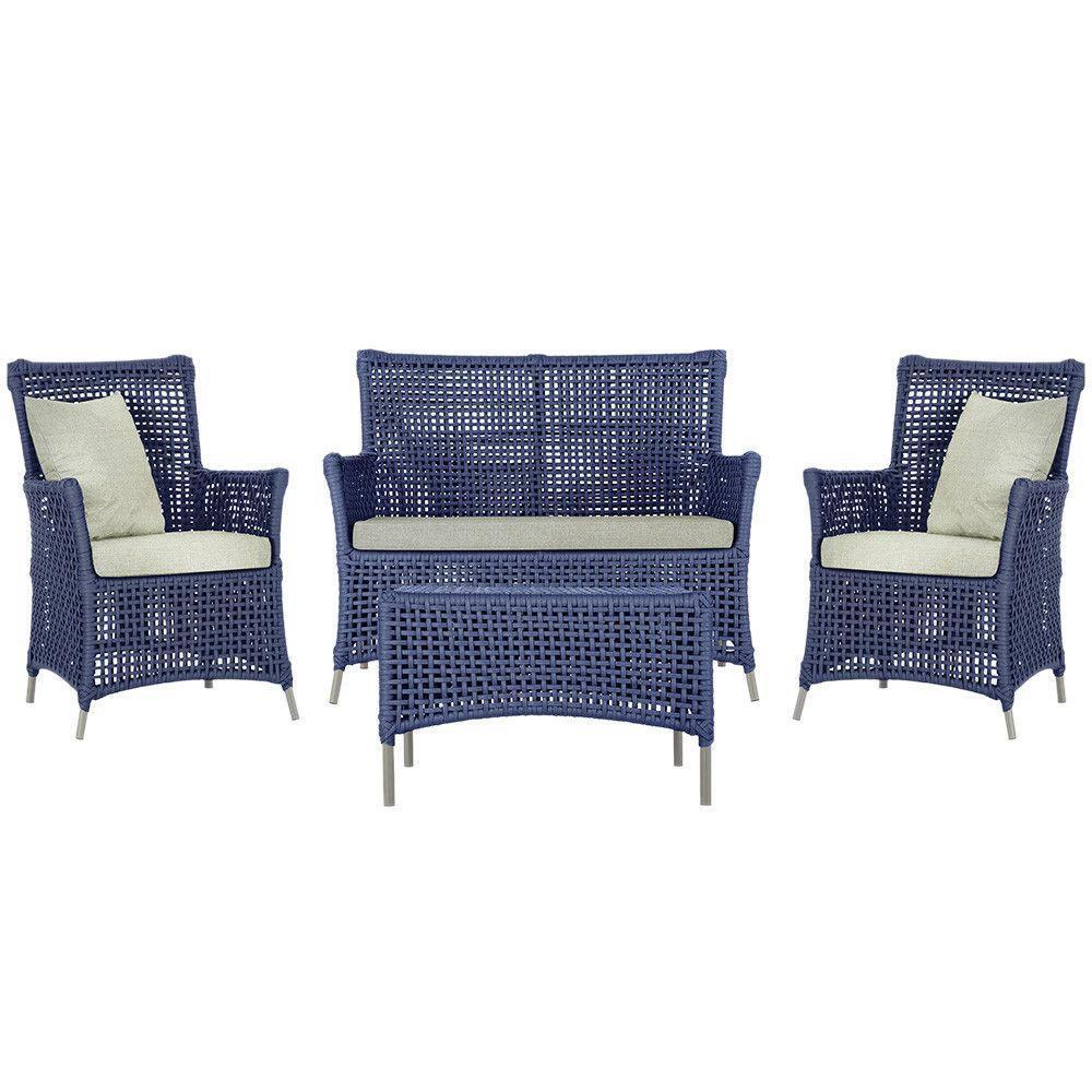 Jogo Sofá E 2 Poltronas E Mesa Igapó Fendi E3 Trama Original Azul - 1