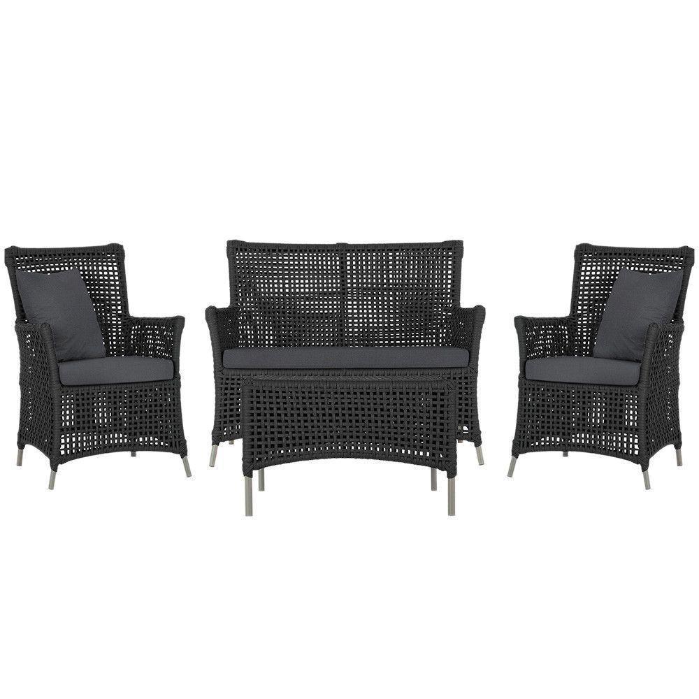 Jogo Sofá 2 Poltronas E Mesa Igapó Fendi E11 Trama Original Preto - 1