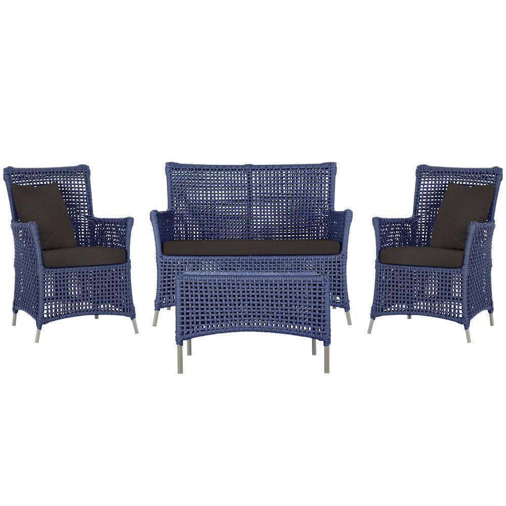 Jogo Sofá E 2 Poltronas E Mesa Igapó Fendi E9 Trama Original Azul - 1