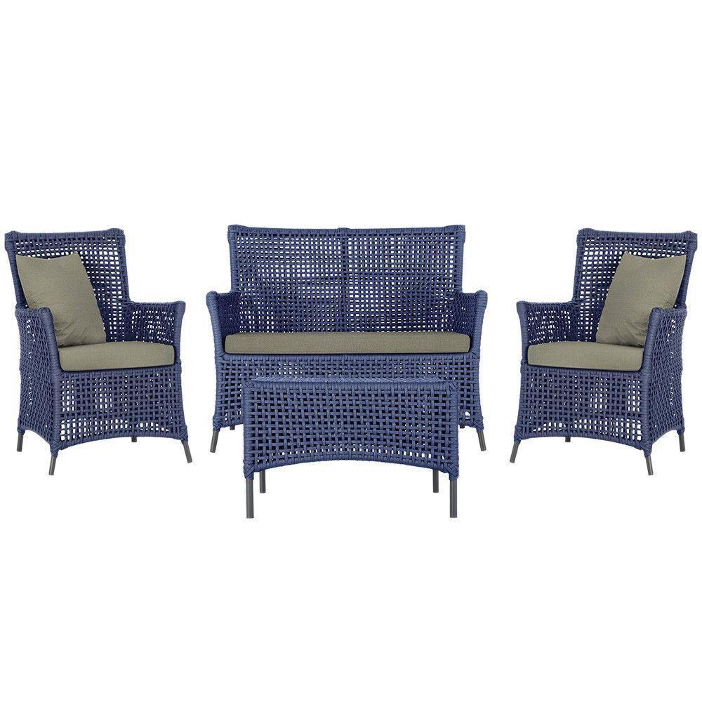 Jogo Sofá E 2 Poltronas E Mesa Igapó Preta E8 Trama Original Azul - 1