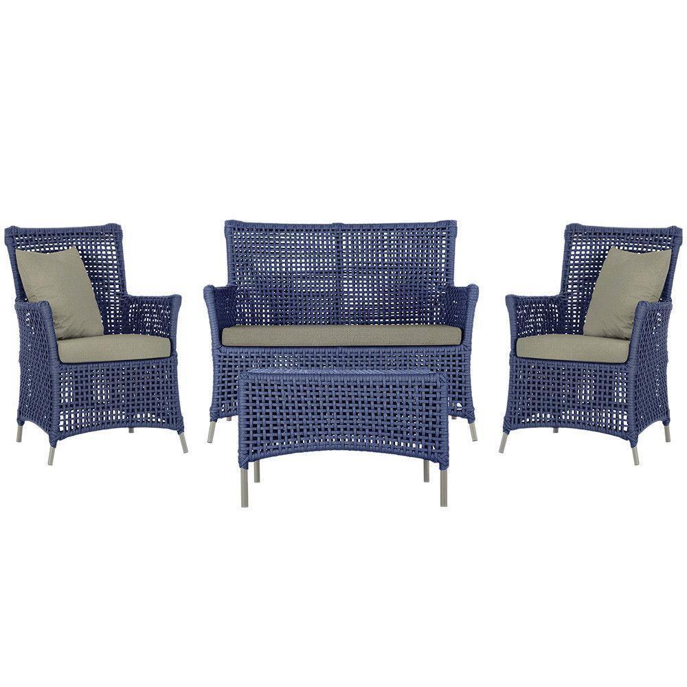 Jogo Sofá E 2 Poltronas E Mesa Igapó Fendi E8 Trama Original Azul - 1