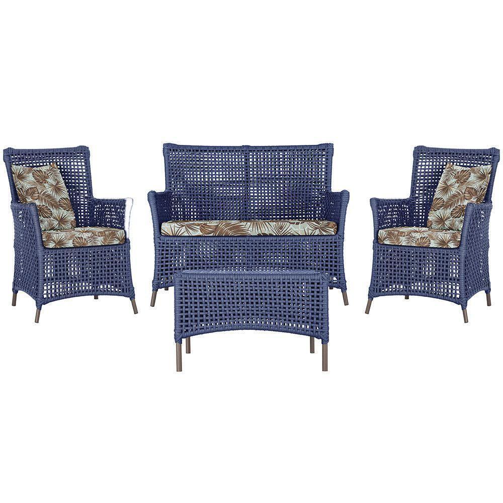 Jogo Sofá 2 Poltronas E Mesa Igapó Marrom E6 Trama Original Azul - 1