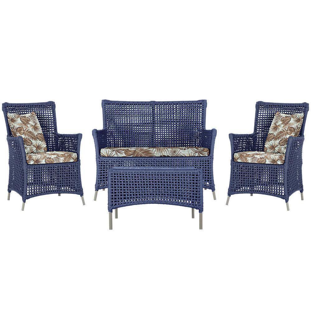 Jogo Sofá E 2 Poltronas E Mesa Igapó Fendi E6 Trama Original Azul - 1