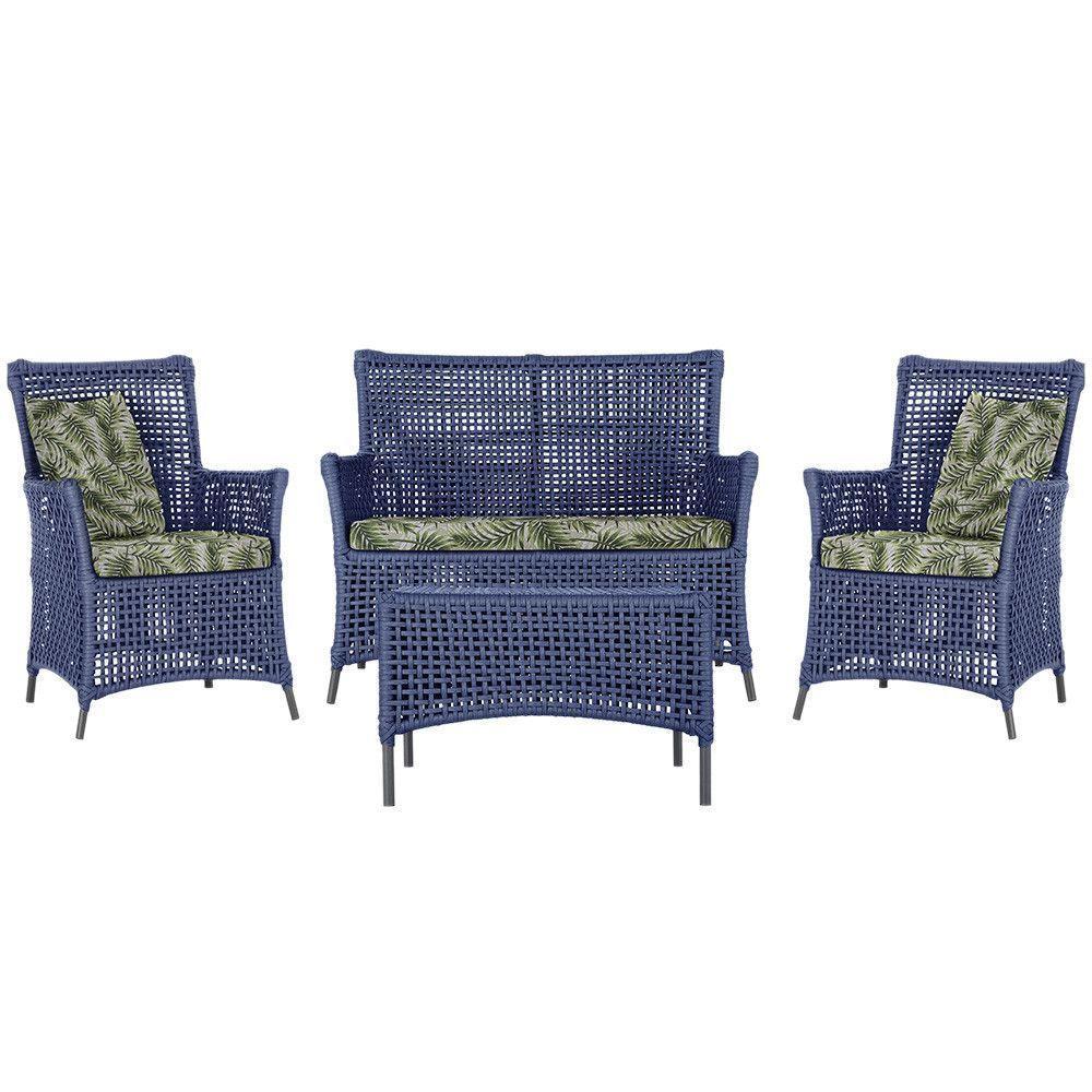 Jogo Sofá E 2 Poltronas E Mesa Igapó Preta E5 Trama Original Azul - 1