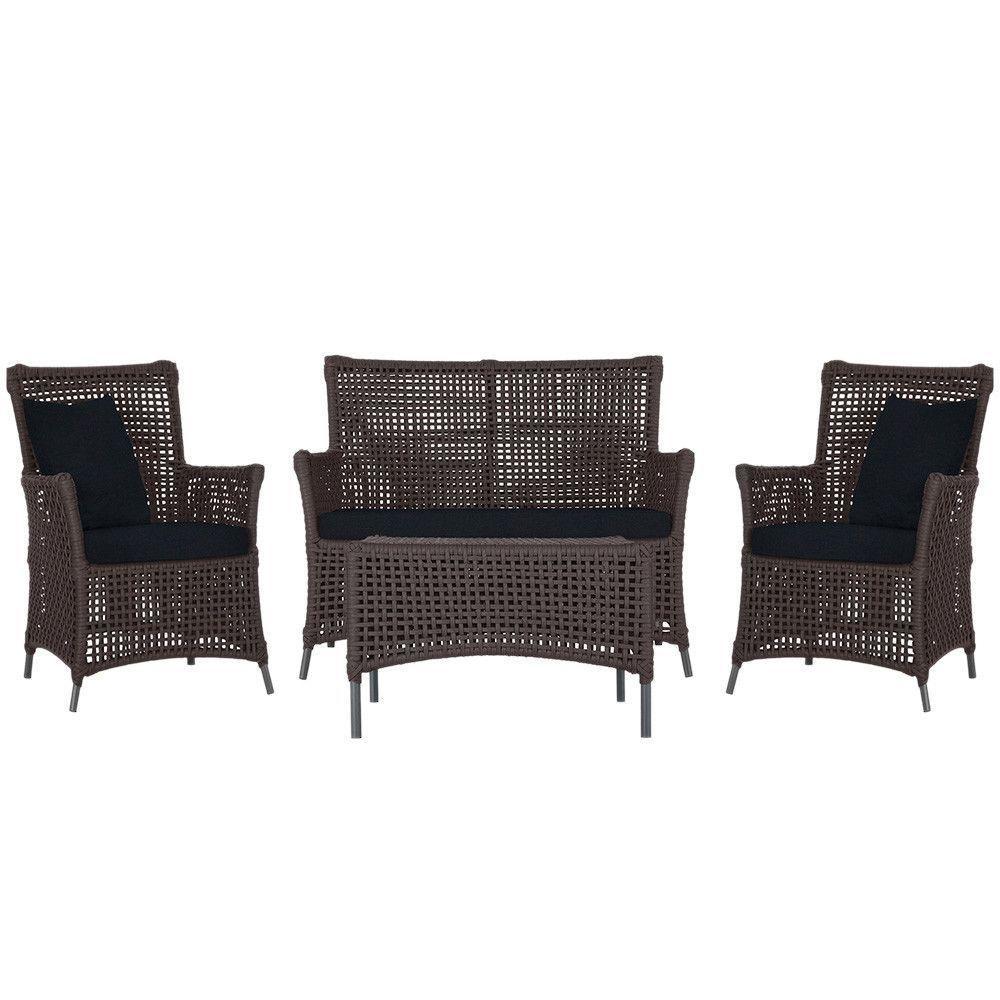 Jogo Sofá 2 Poltronas E Mesa Igapó Preta E12 Trama Original Marrom - 1