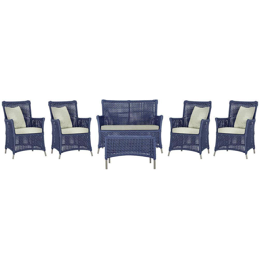 Jogo Sofá 4 Poltronas E Mesa Igapó Fendi E3 Trama Original Azul - 1