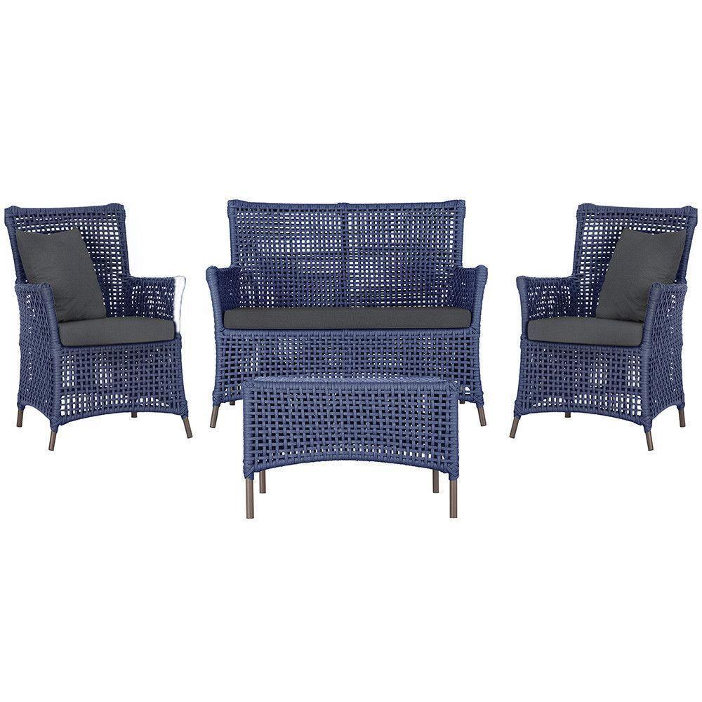 Jogo Sofá 2 Poltronas E Mesa Igapó Marrom E11 Trama Original Azul - 1