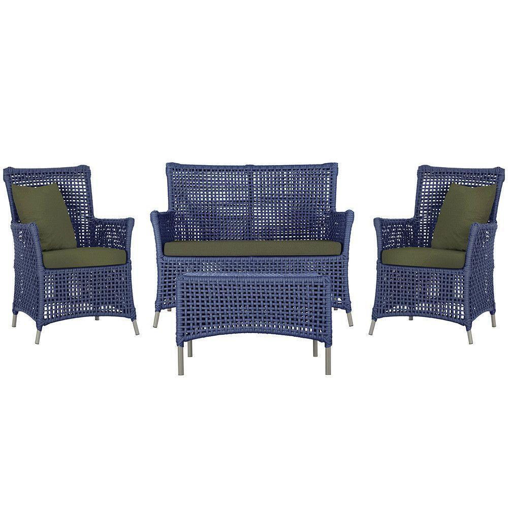 Jogo Sofá 2 Poltronas E Mesa Igapó Fendi E13 Trama Original Azul - 1