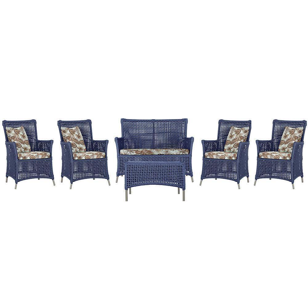 Jogo Sofá 4 Poltronas E Mesa Igapó Fendi E6 Trama Original Azul - 1