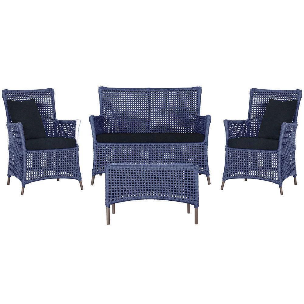 Jogo Sofá 2 Poltronas E Mesa Igapó Marrom E12 Trama Original Azul - 1