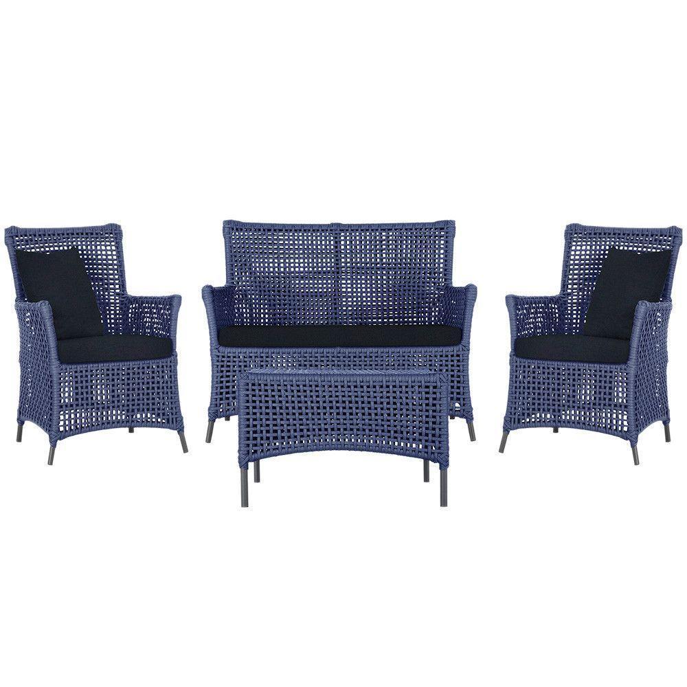 Jogo Sofá 2 Poltronas E Mesa Igapó Preta E12 Trama Original Azul - 1