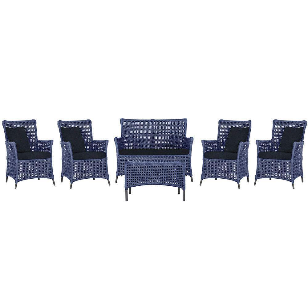 Jogo Sofá 4 Poltronas E Mesa Igapó Preta E12 Trama Original Azul - 1