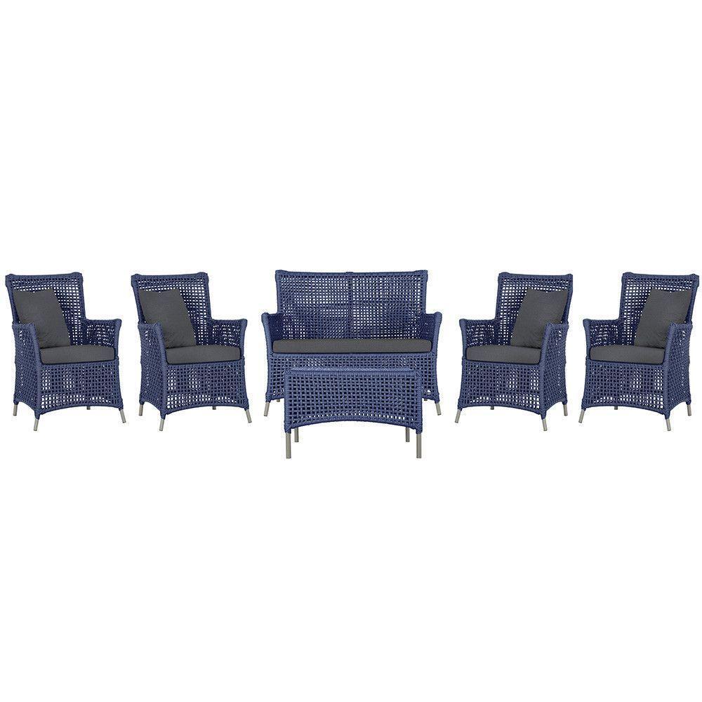 Jogo Sofá 4 Poltronas E Mesa Igapó Fendi E11 Trama Original Azul - 1