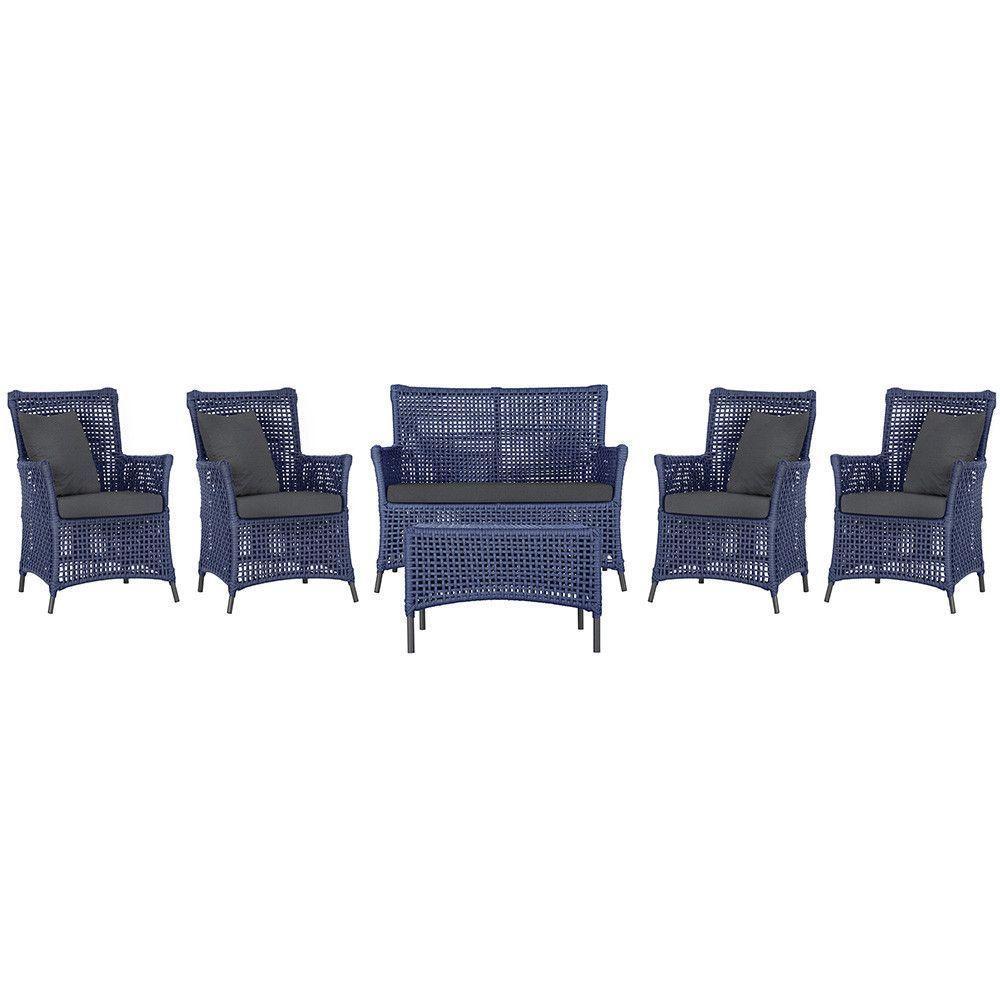 Jogo Sofá 4 Poltronas E Mesa Igapó Preta E11 Trama Original Azul - 1