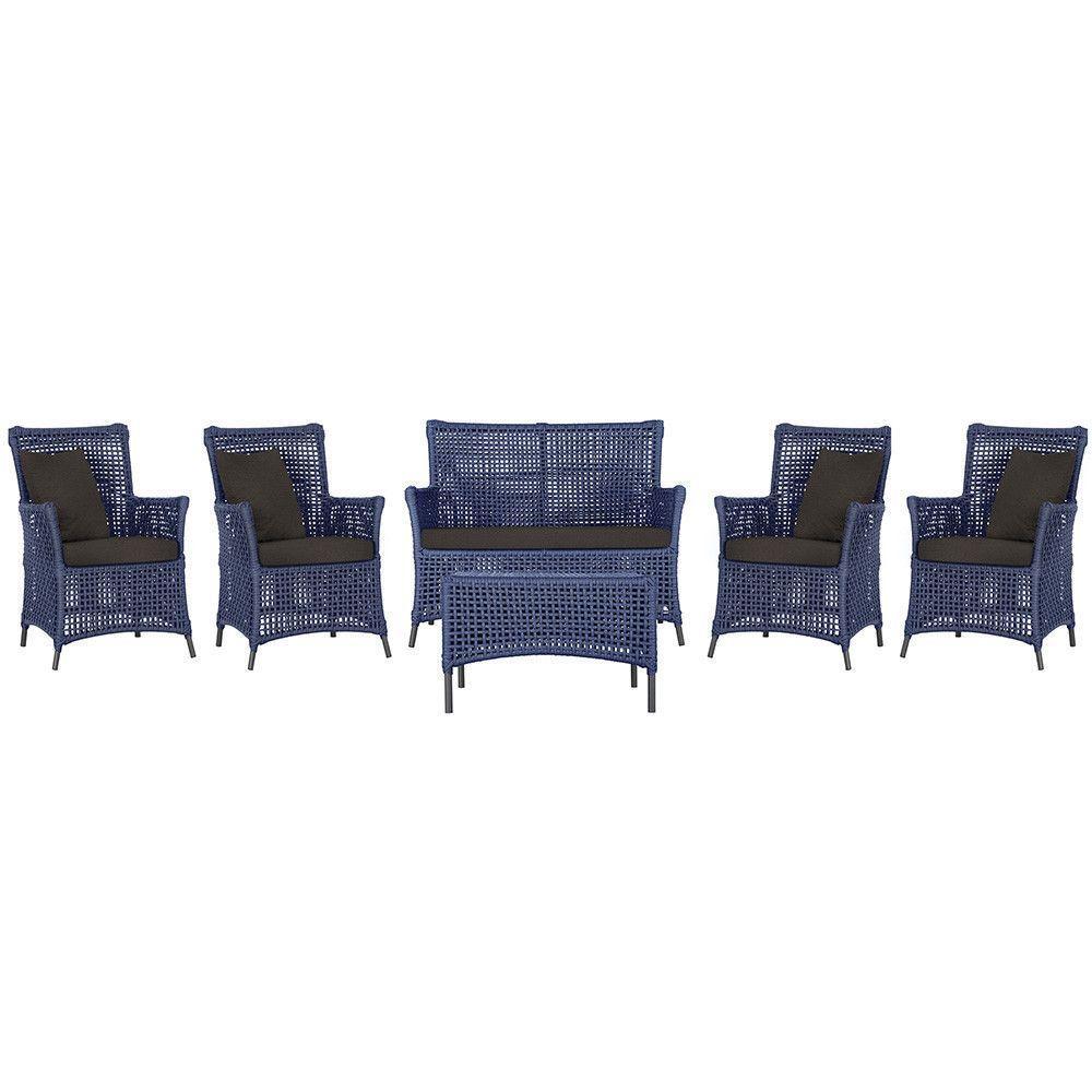 Jogo Sofá 4 Poltronas E Mesa Igapó Preta E9 Trama Original Azul - 1