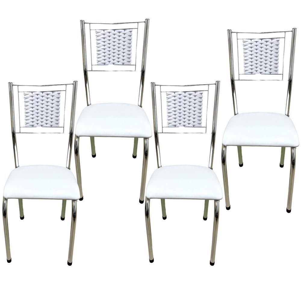 Kit 4 Cadeiras Jantar Belize Moderna Cromada Aço Junco Cozinha Sala Assento branco cromada desenho Do Tecido liso - 1