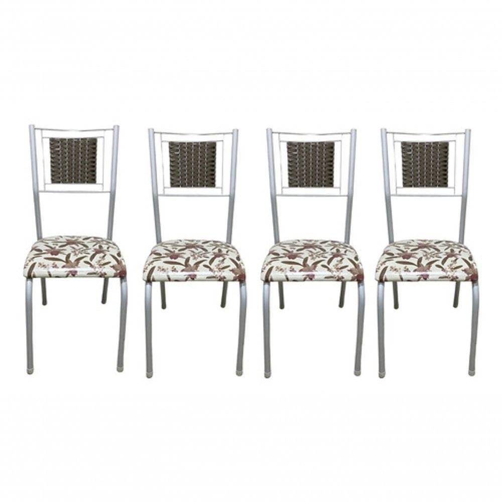 Kit 4 Cadeiras Belize Jantar Assento Estofado Tecido Corino Assento marrom-claro branco desenho Do Tecido floral - 1