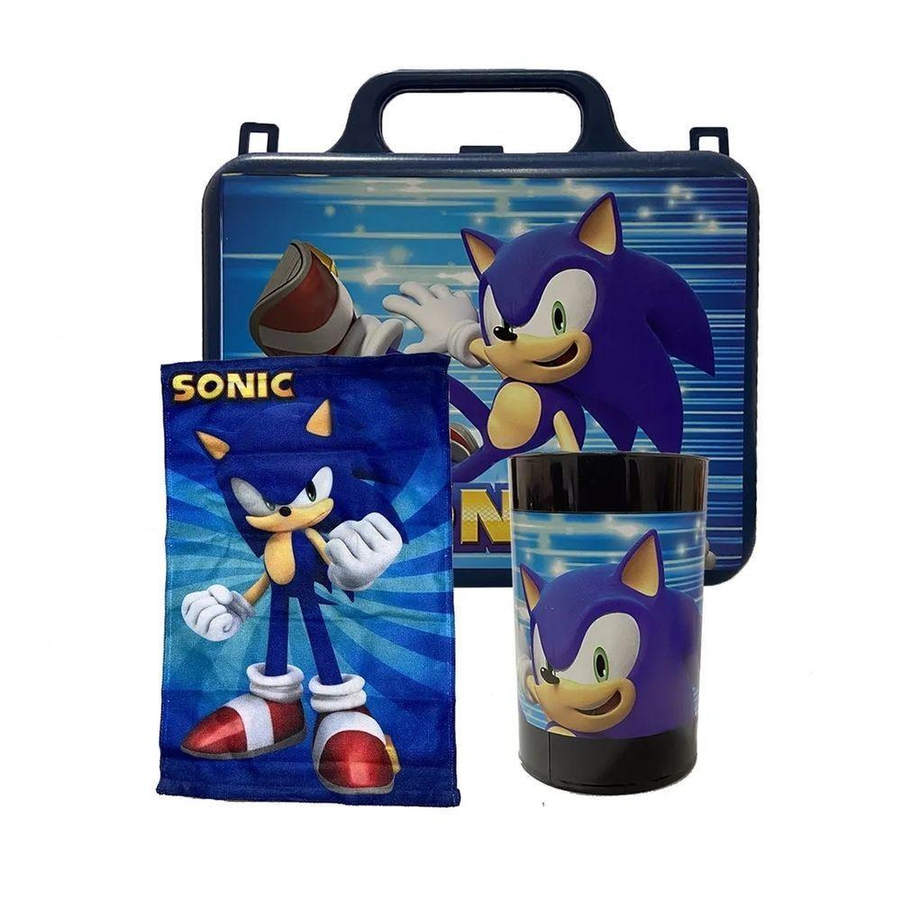 Kit Brinquedo Sonic The Hedgehog Com 1 Lancheira De Maletinha + 1 Copo + 1 Mini Toalha - 1