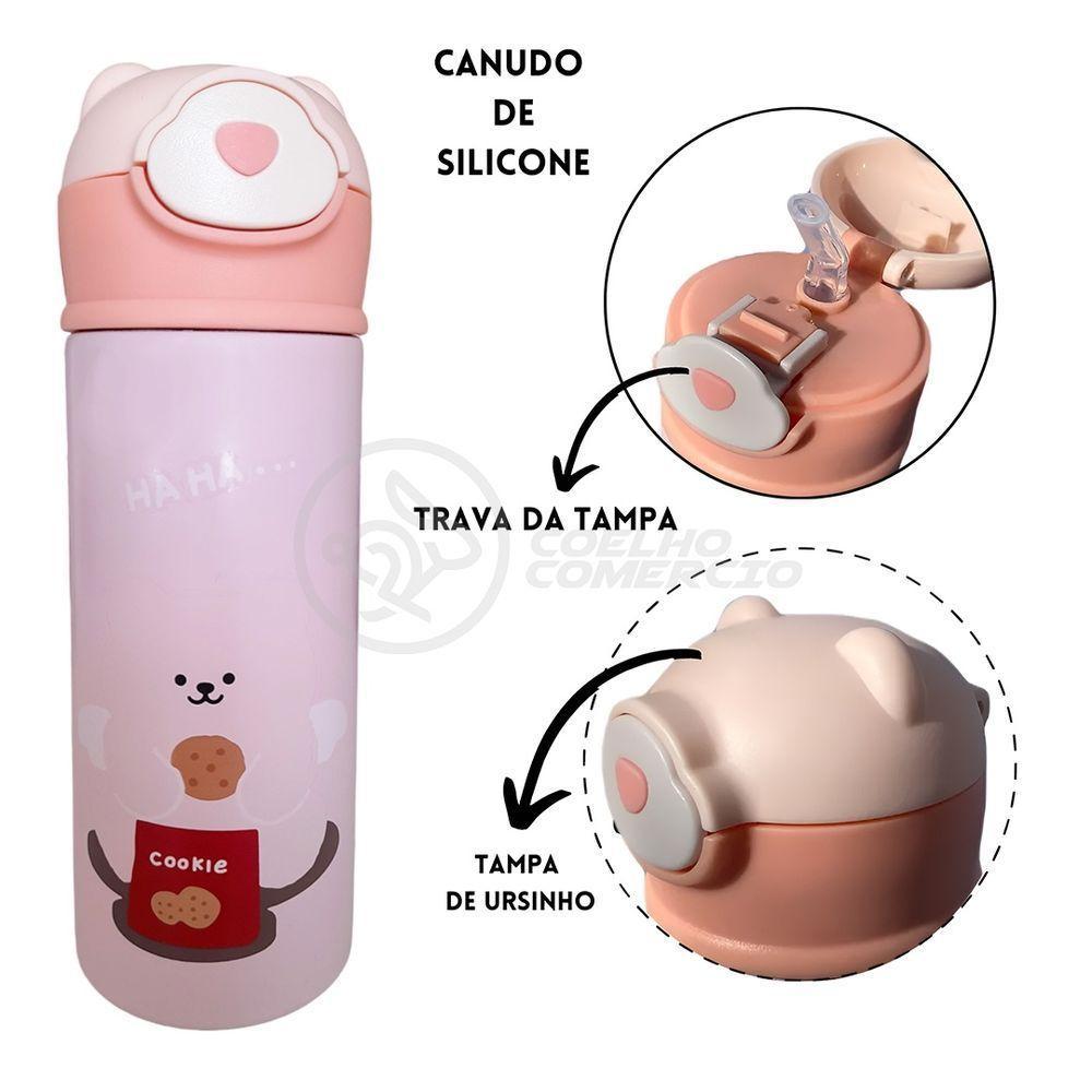 Garrafa Térmica De Ursinho Rosa Infantil 420ml Com Trava De Tampa E Canudo De Silicone - 2