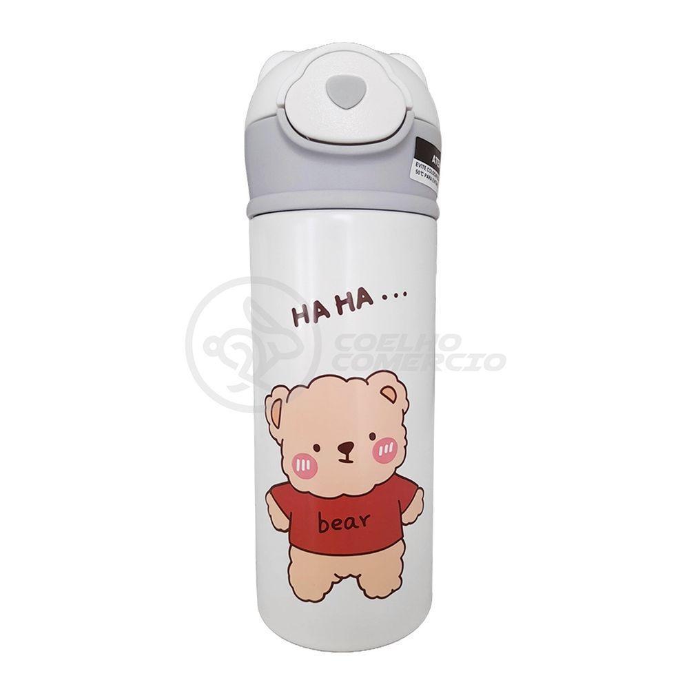 Garrafa Térmica De Ursinho Branca Infantil 420ml Com Trava De Tampa E Canudo De Silicone - 1