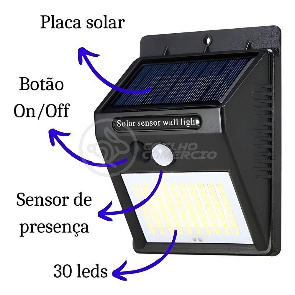 Luminária Solar 30 Leds Sensor De Movimento Lâmpada á Prova D'água Para área Externa Jardim - 3