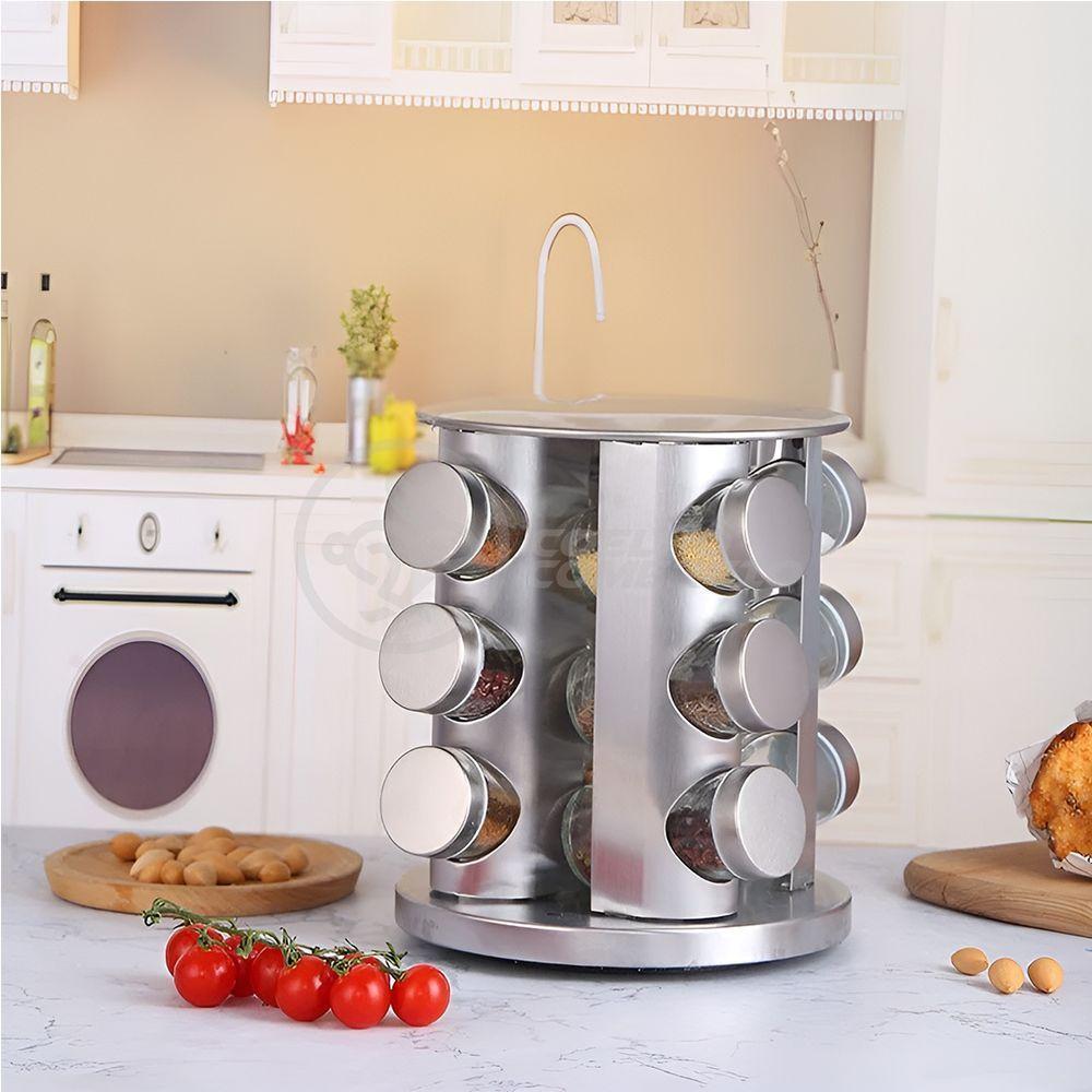 Porta Temperos Com Suporte Inox 12 Frascos De Vidro Com Base Rotatória Para Cozinha - 2