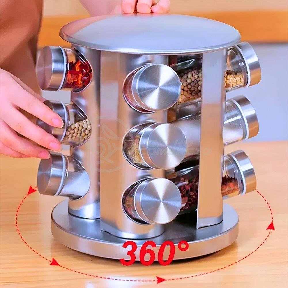 Porta Temperos Com Suporte Inox 12 Frascos De Vidro Com Base Rotatória Para Cozinha - 3