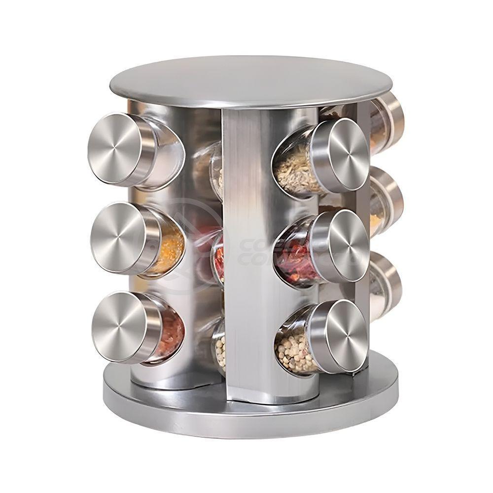 Porta Temperos Com Suporte Inox 12 Frascos De Vidro Com Base Rotatória Para Cozinha - 6