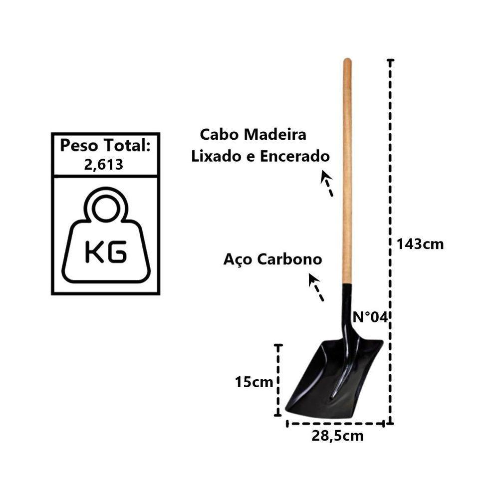 Pá Quadrada Construção Em Aço Carbono Cabo Reto N04 143cm - 2