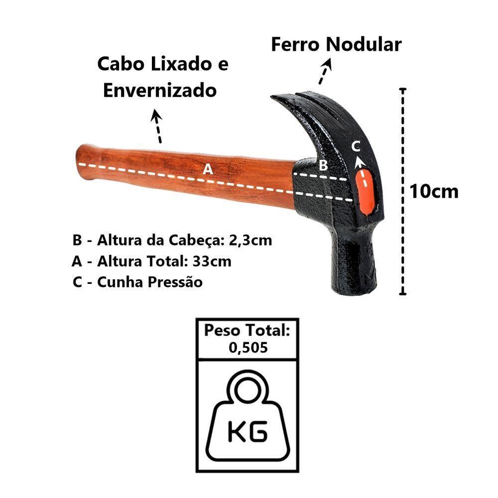 Martelo Unha Cabo De Madeira Envernizado Cunha Pressão 23mm - 3