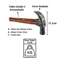 Martelo Unha Premium Cabo Madeira Envernizado Cunha Aço 25mm - 2