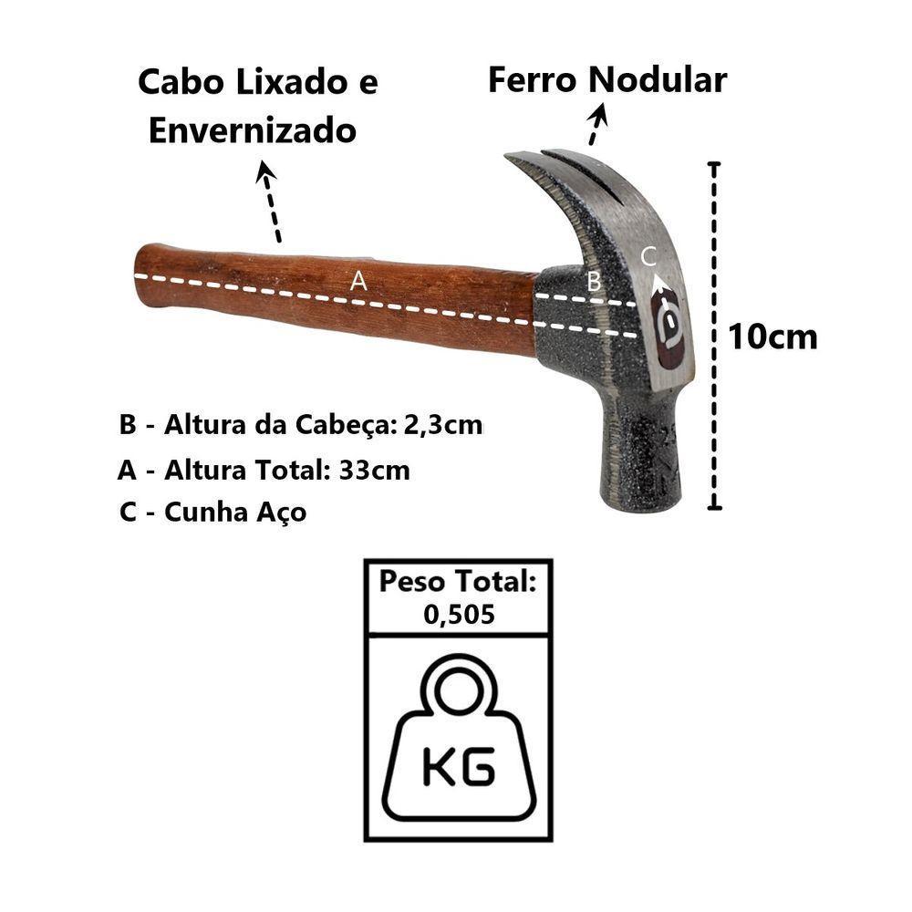 Martelo Unha Premium Cabo Madeira Envernizado Cunha Aço 23mm - 2