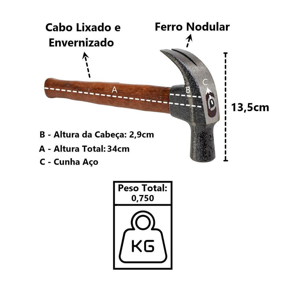 Martelo Unha Premium Cabo Madeira Envernizado Cunha Aço 29mm - 2